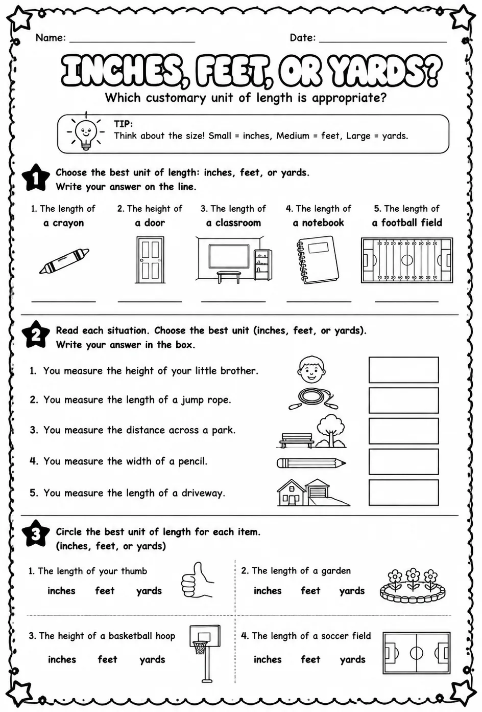 Which customary unit of length is appropriate: inches, feet, or yards? — free printable Grade 2 math worksheet