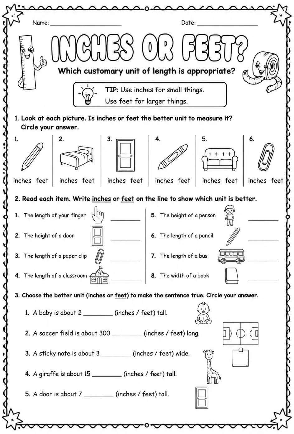 Which customary unit of length is appropriate: inches or feet? — free printable Grade 2 math worksheet