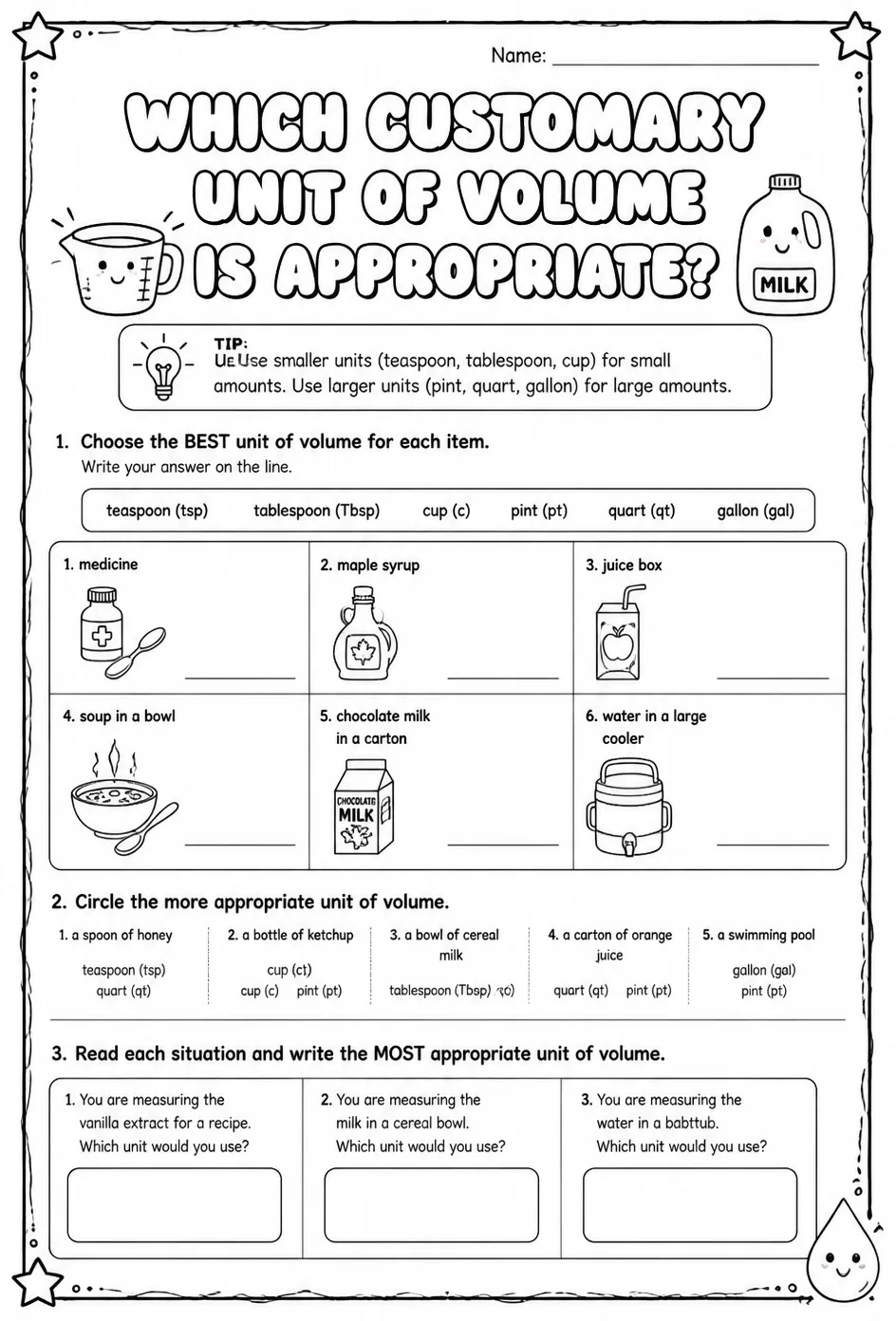 Which customary unit of volume is appropriate? — free printable Grade 3 math worksheet