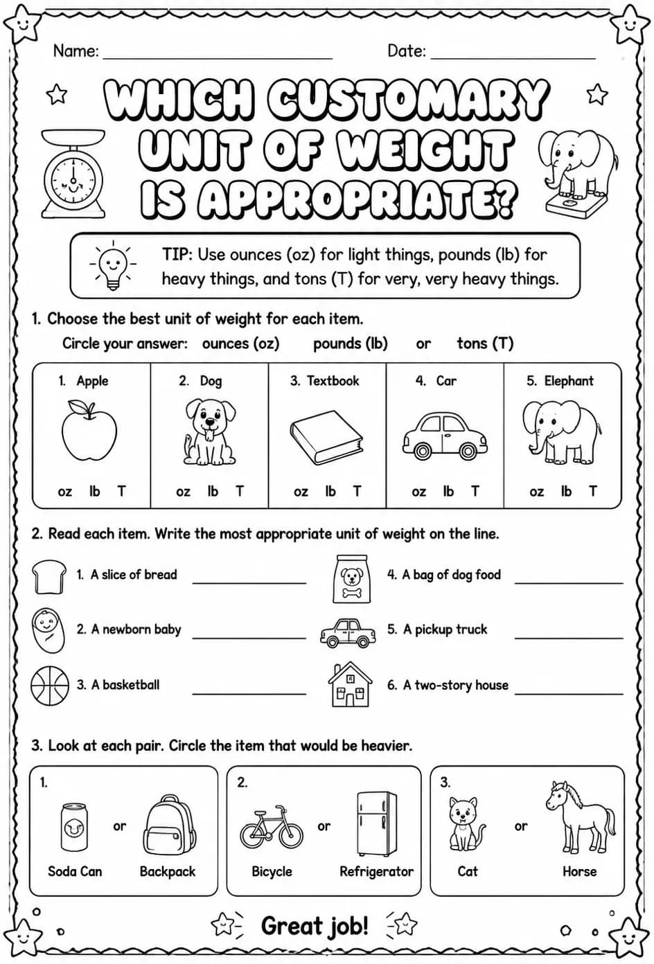 Which customary unit of weight is appropriate? — free printable Grade 3 math worksheet