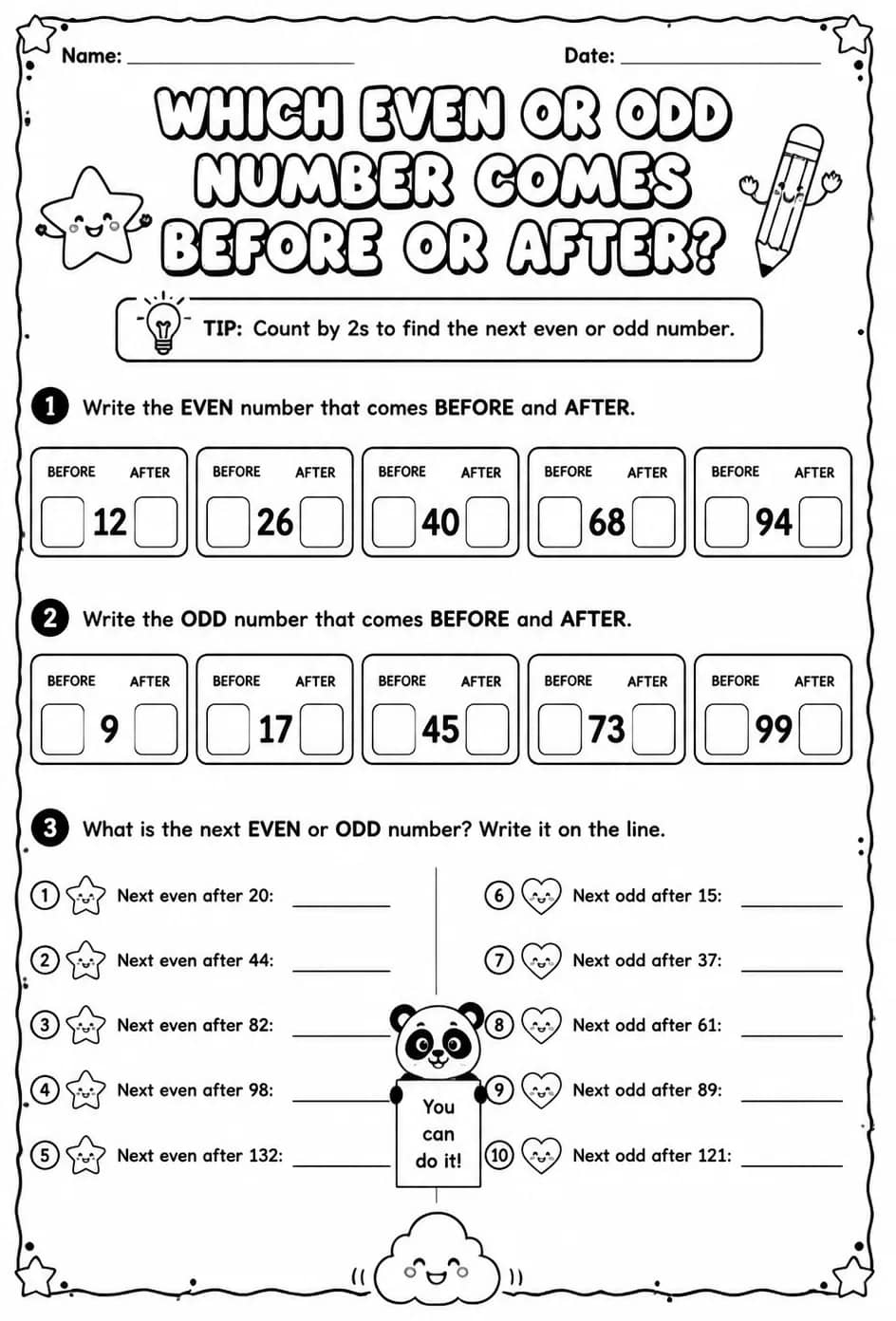 Which even or odd number comes before or after? — free printable Grade 2 math worksheet