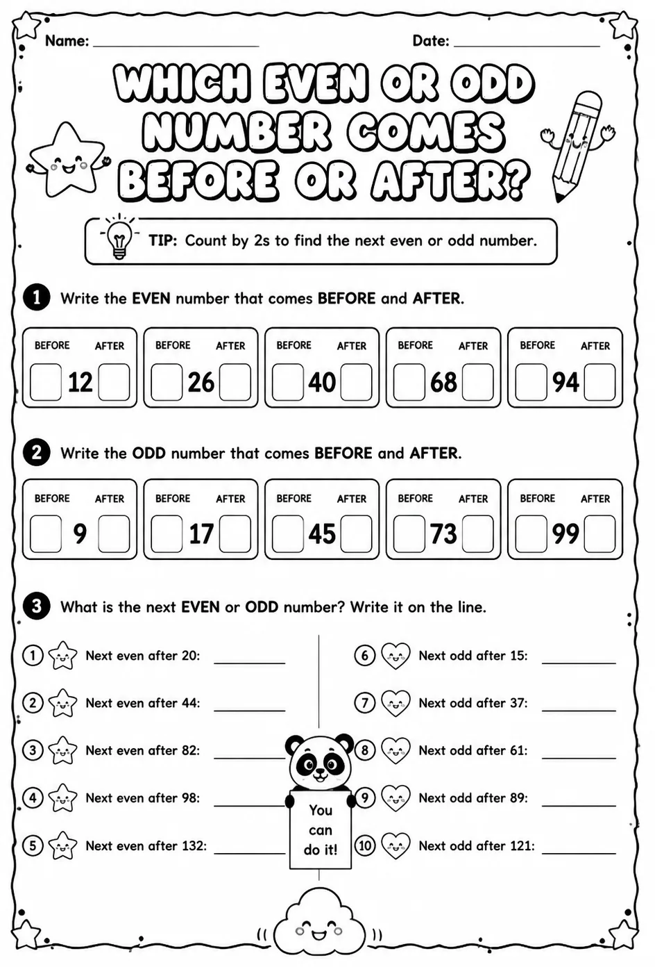 Which even or odd number comes before or after? — free printable Grade 2 math worksheet