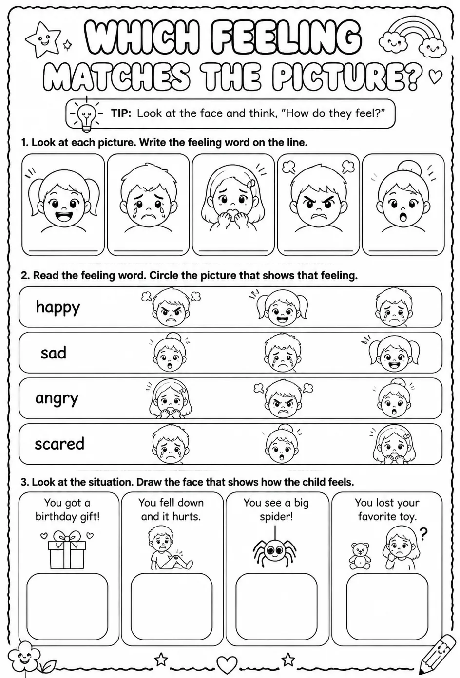 Which feeling matches the picture? — free printable Kindergarten English & Reading worksheet