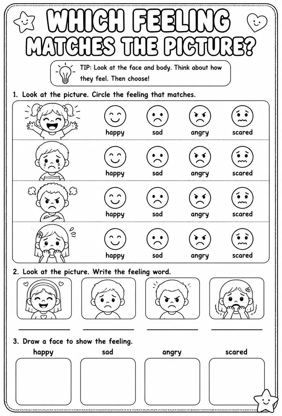 Which feeling matches the picture? — free printable Pre-K English & Reading worksheet