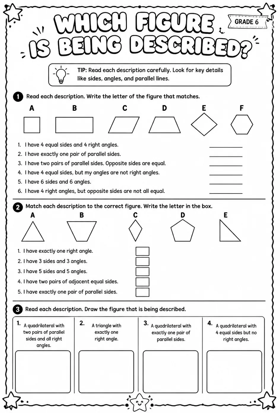 Which figure is being described? — free printable Grade 6 math worksheet