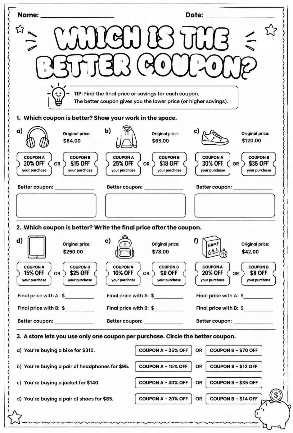 Which is the better coupon? — free printable Grade 6 math worksheet
