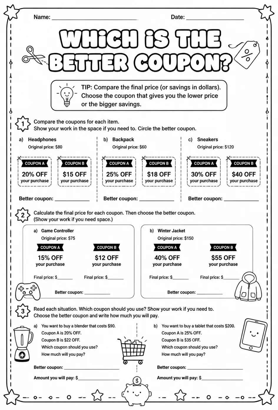 Which is the better coupon? — free printable Grade 7 math worksheet