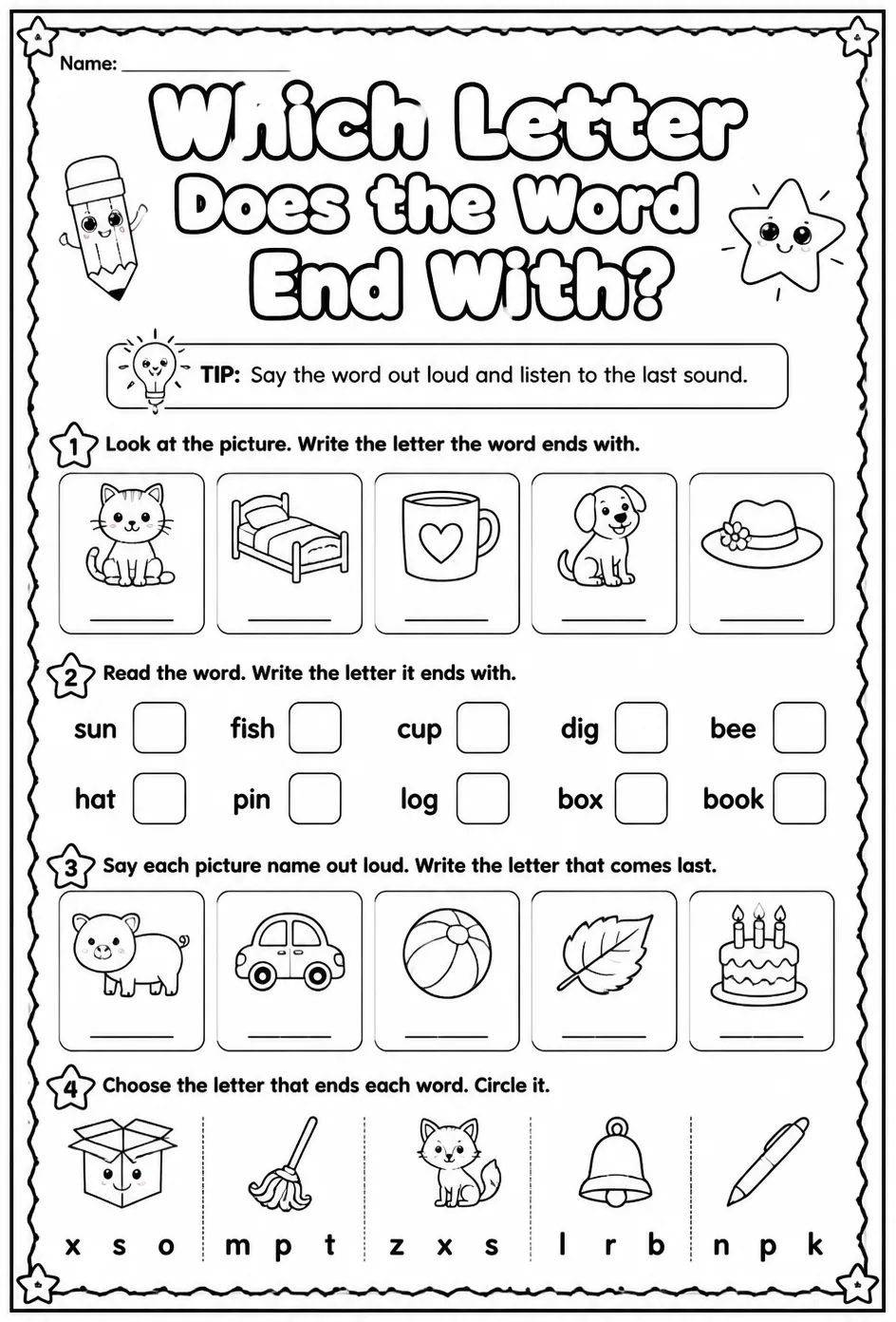 Which letter does the word end with? — free printable Reading foundations English worksheet
