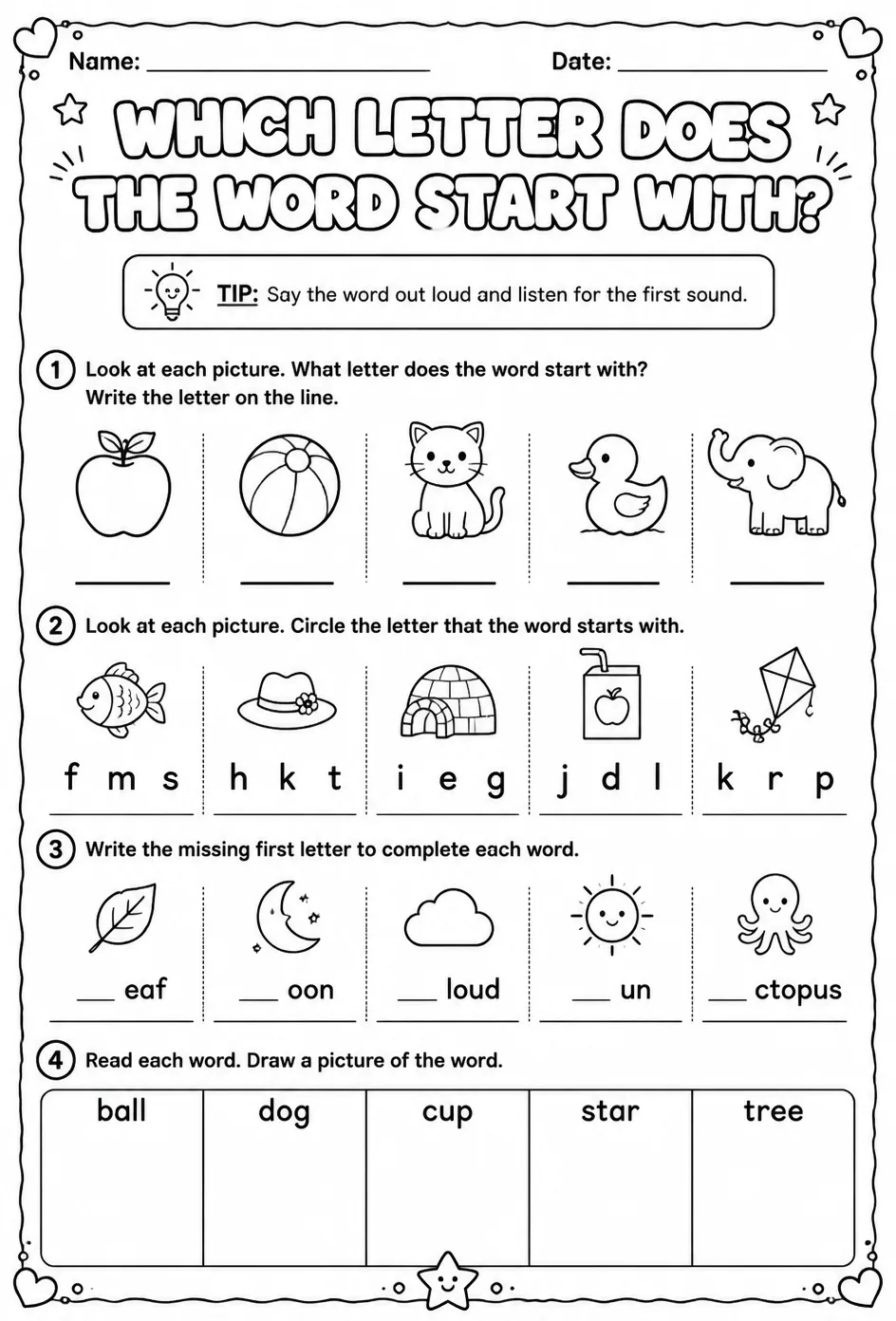 Which letter does the word start with? — free printable Reading foundations English worksheet