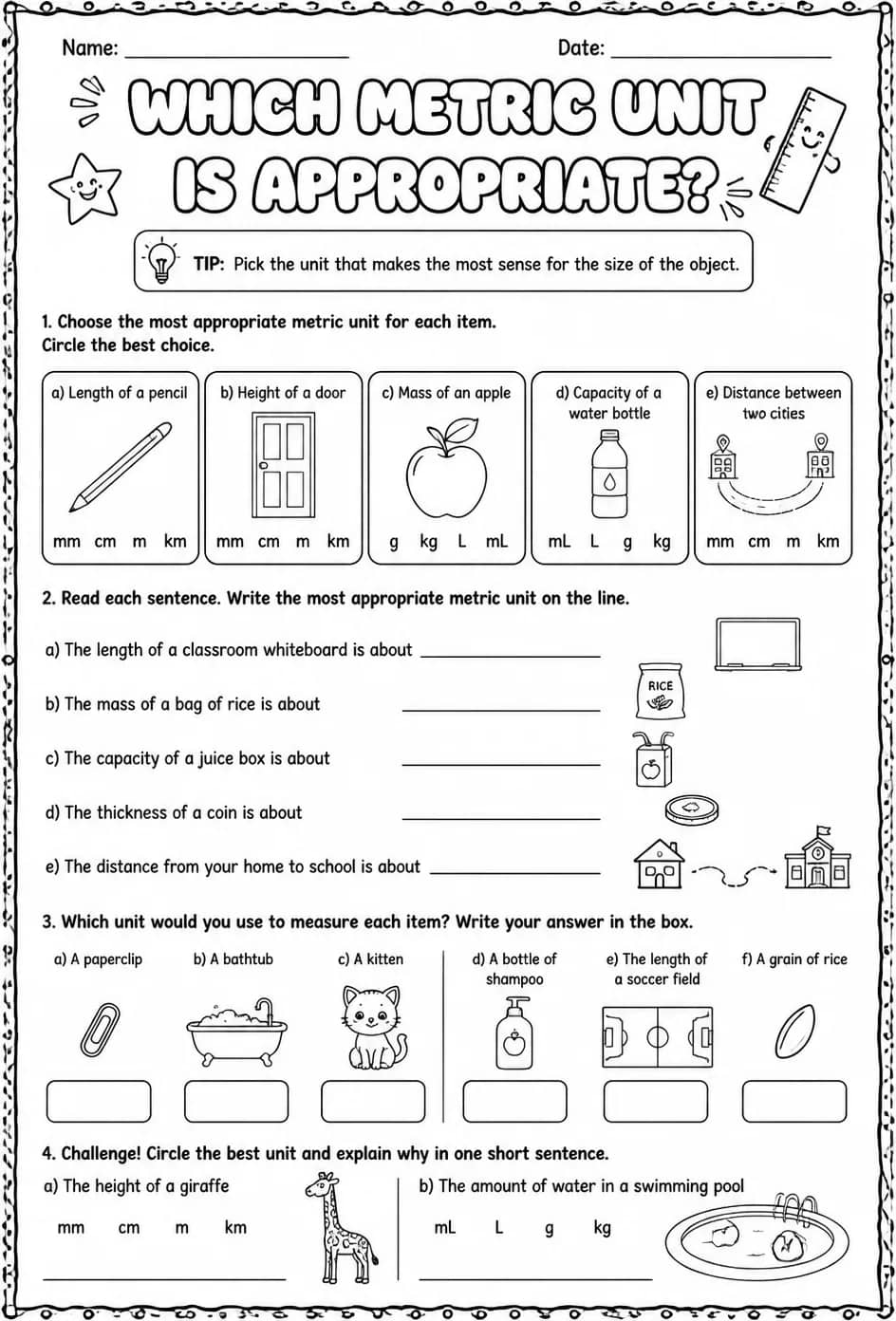 Which metric unit is appropriate? — free printable Grade 3 math worksheet