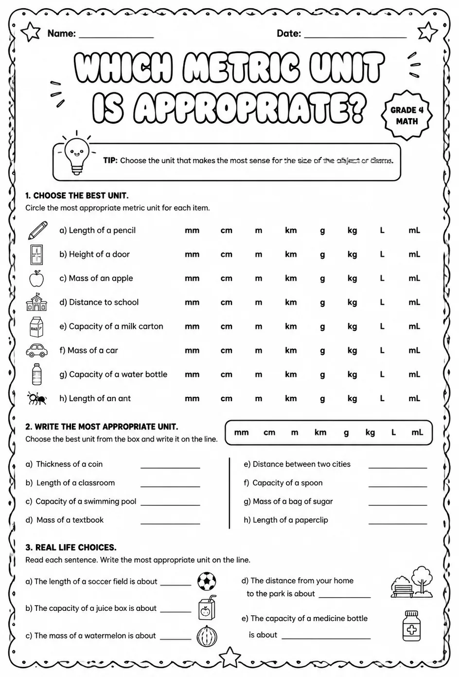 Which metric unit is appropriate? — free printable Grade 4 math worksheet