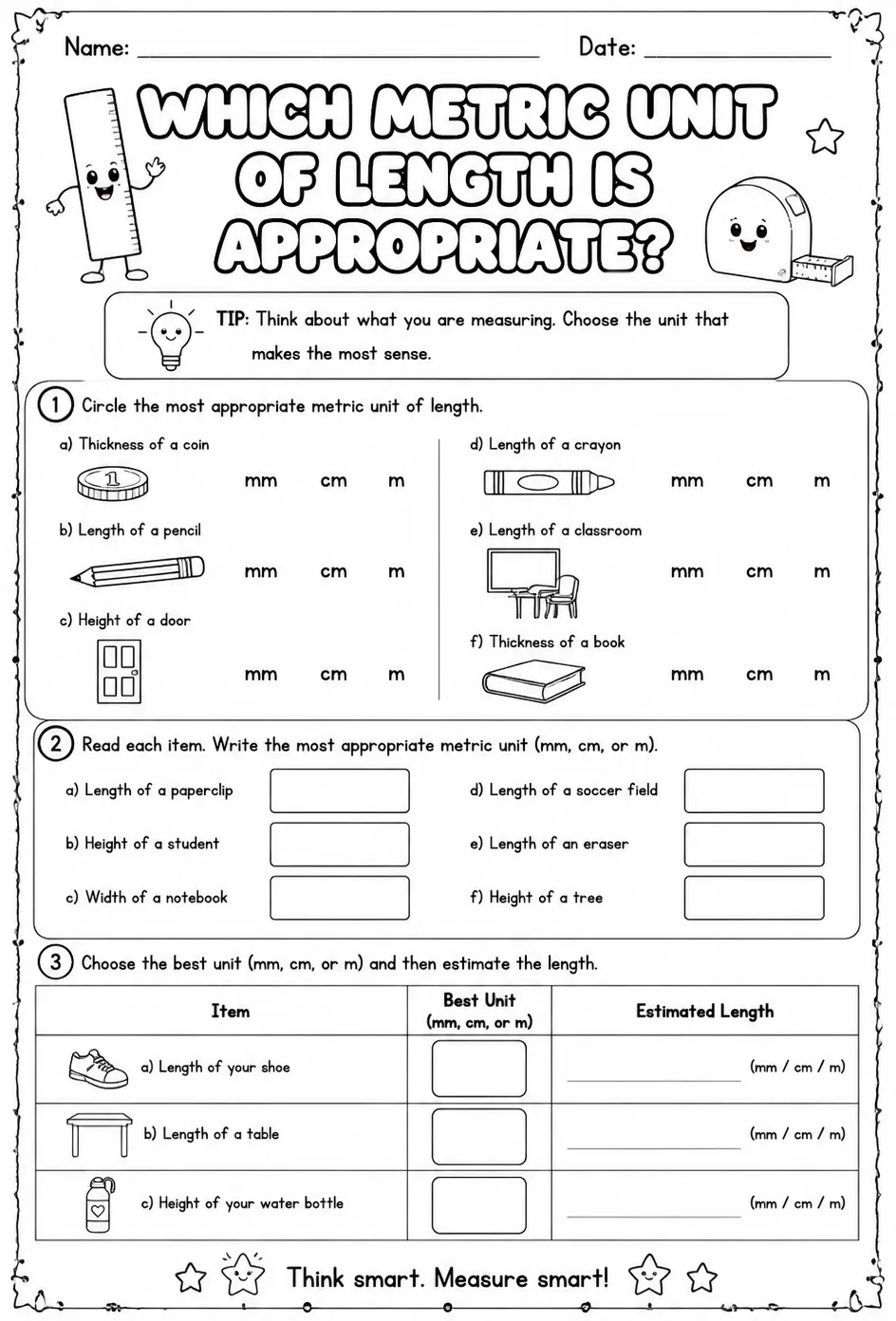 Which metric unit of length is appropriate? — free printable Grade 2 math worksheet