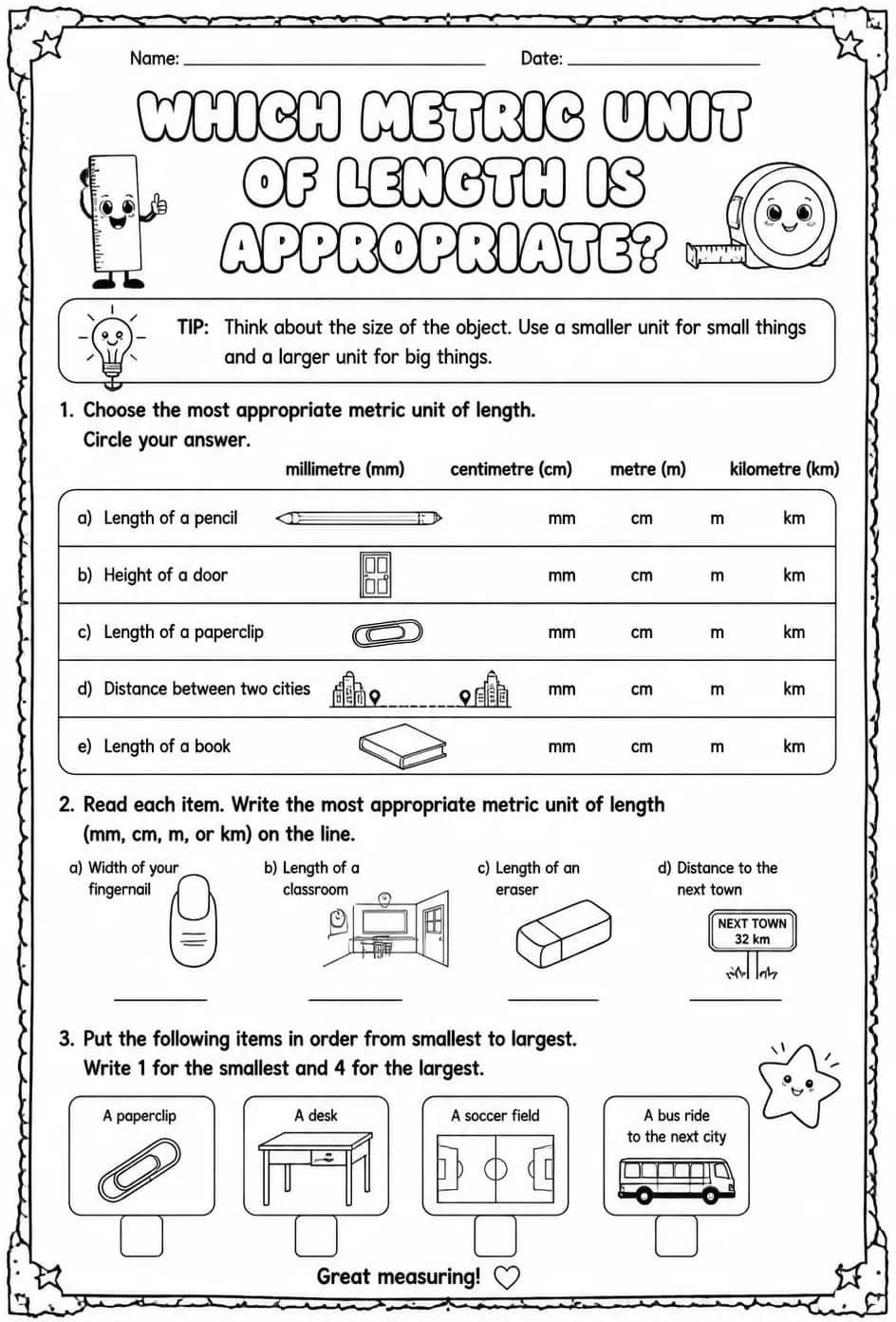 Which metric unit of length is appropriate? — free printable Grade 3 math worksheet