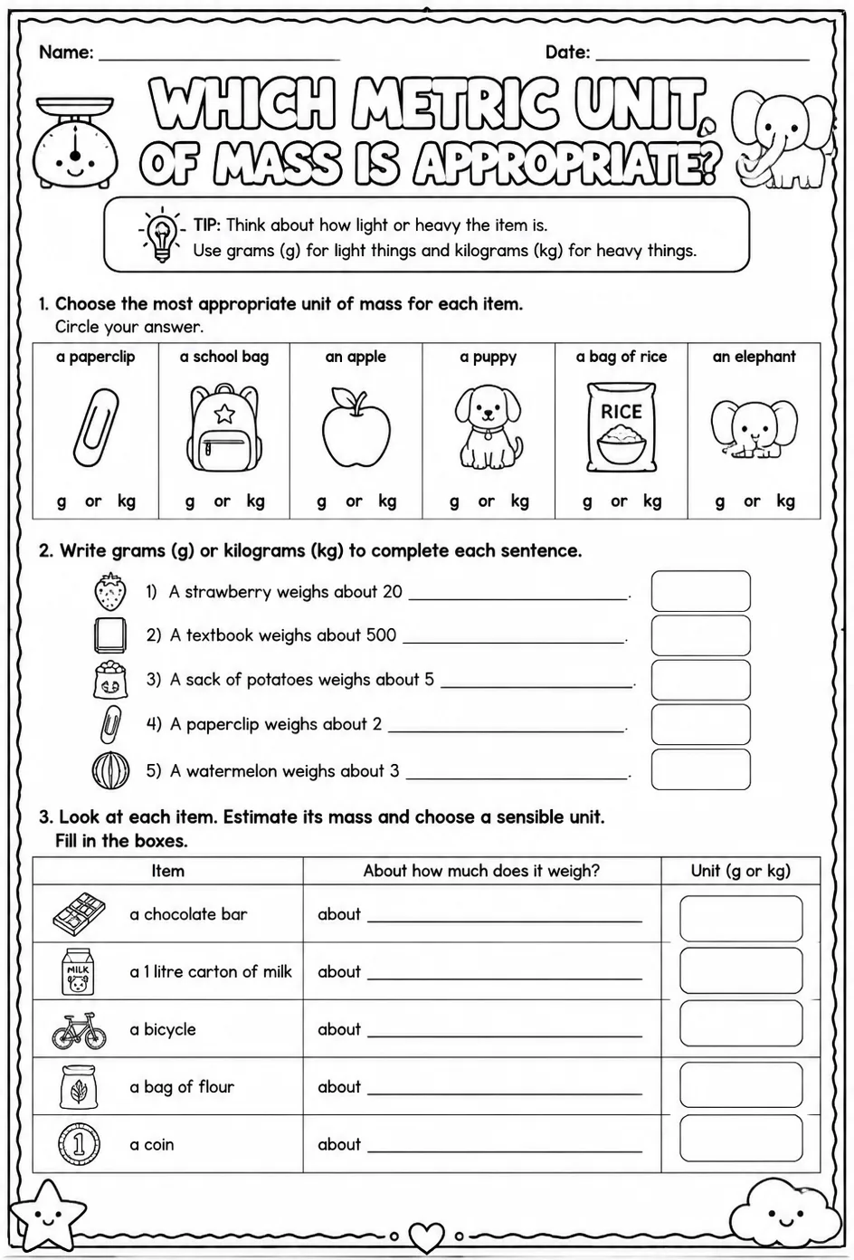 Which metric unit of mass is appropriate? — free printable Grade 3 math worksheet