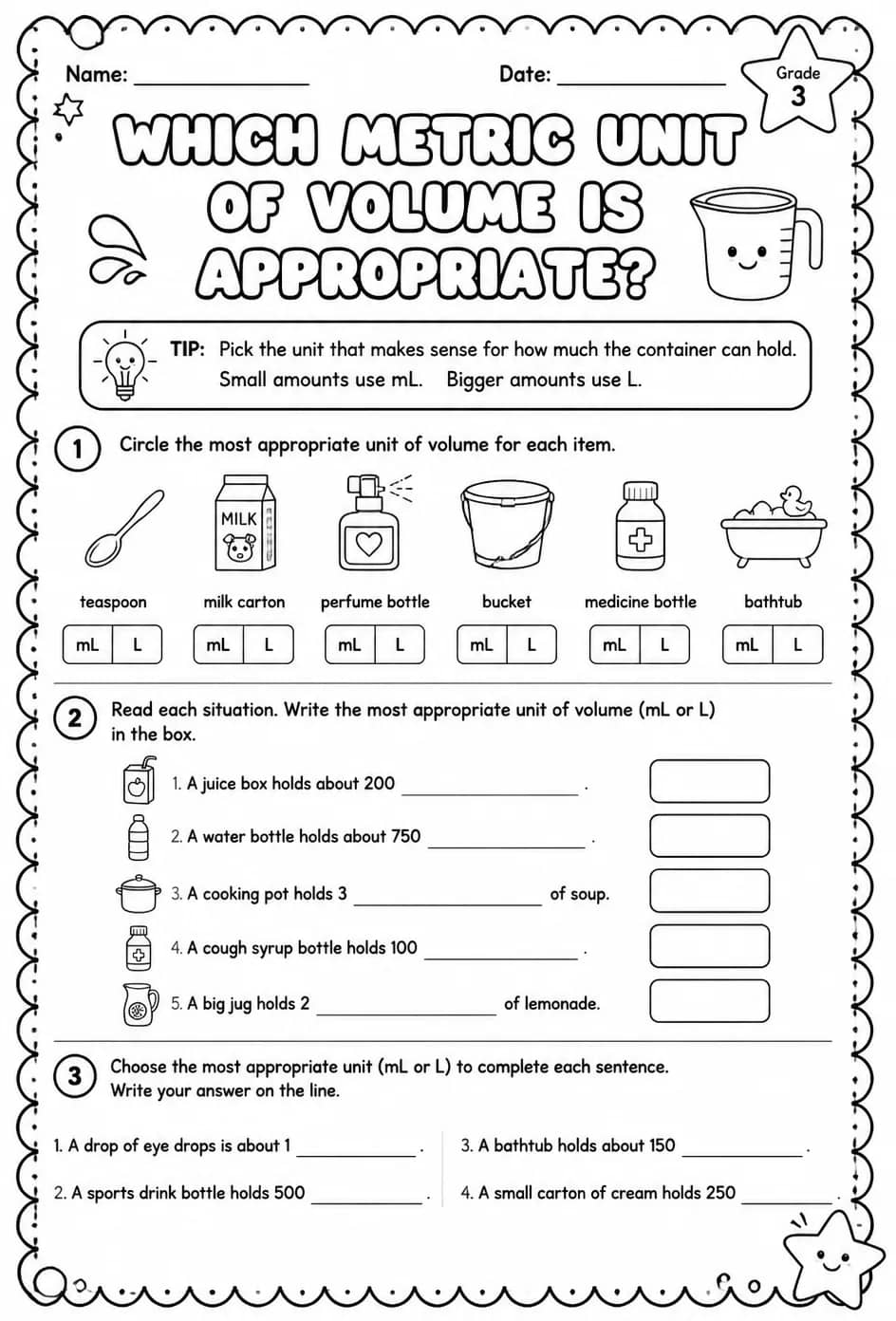 Which metric unit of volume is appropriate? — free printable Grade 3 math worksheet