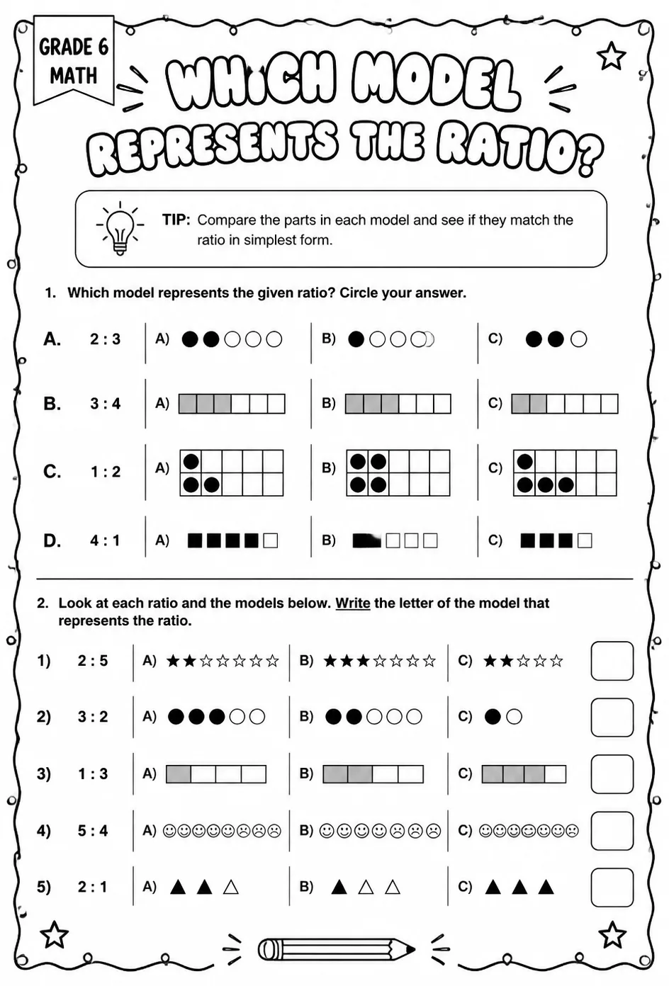 Which model represents the ratio? — free printable Grade 6 math worksheet