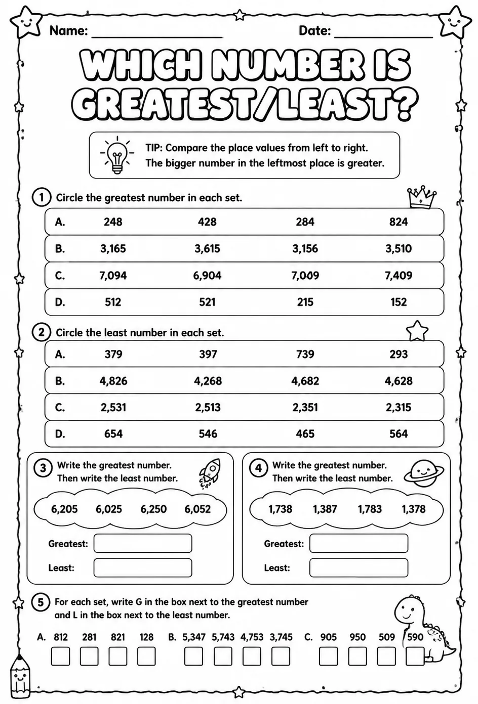 Which number is greatest/least? — free printable Grade 3 math worksheet