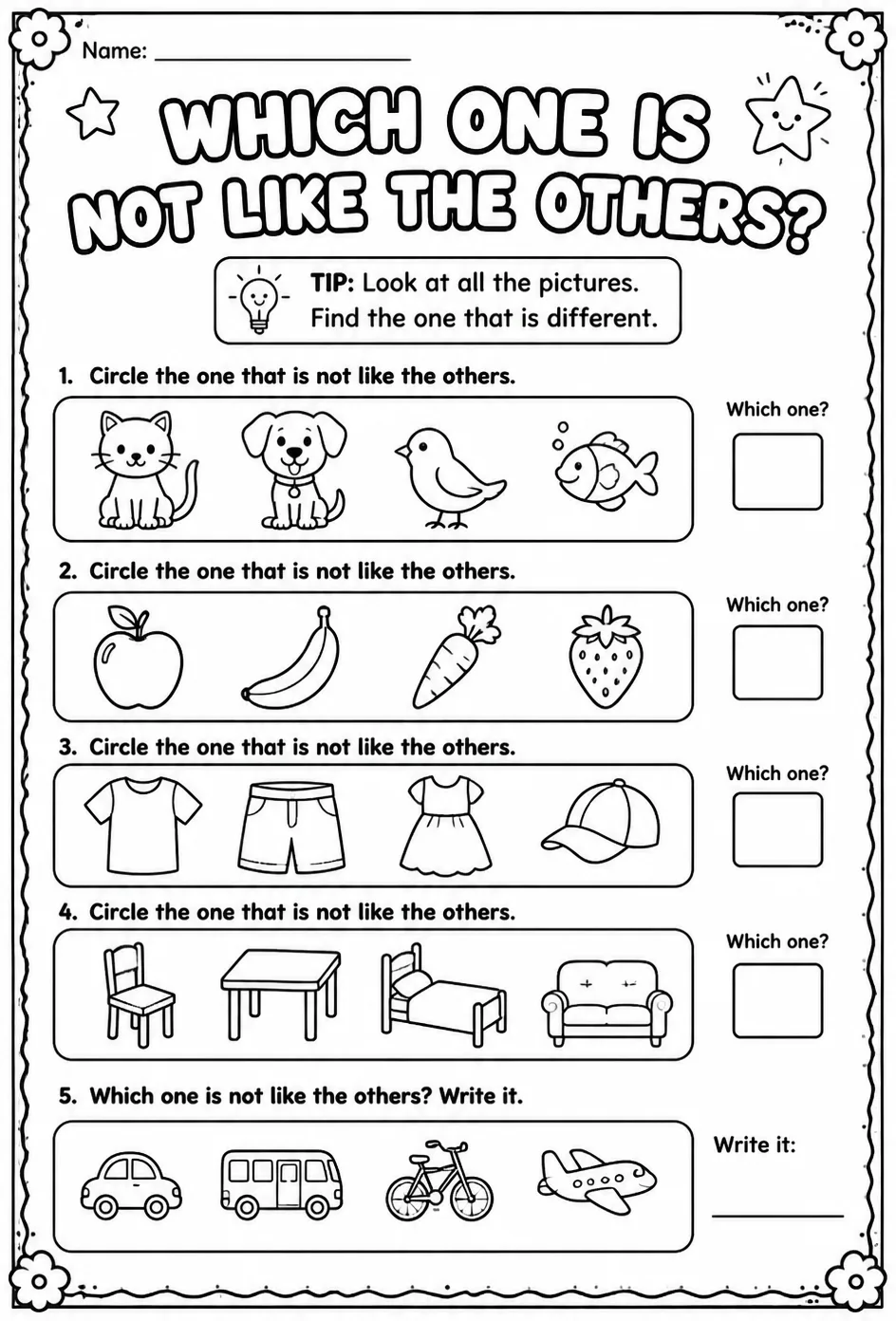 Which one is not like the others? — free printable Pre-K English & Reading worksheet