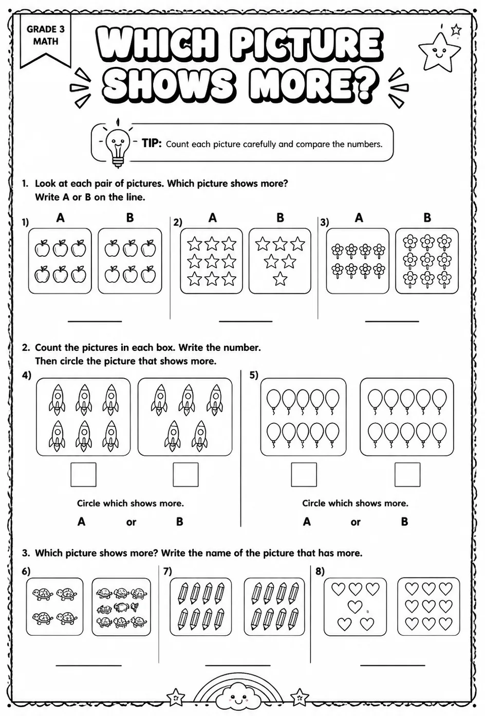 Which picture shows more? — free printable Grade 3 math worksheet