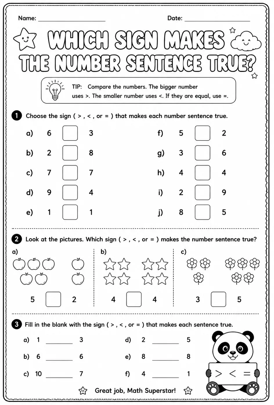 Which sign makes the number sentence true? — free printable Grade 1 math worksheet