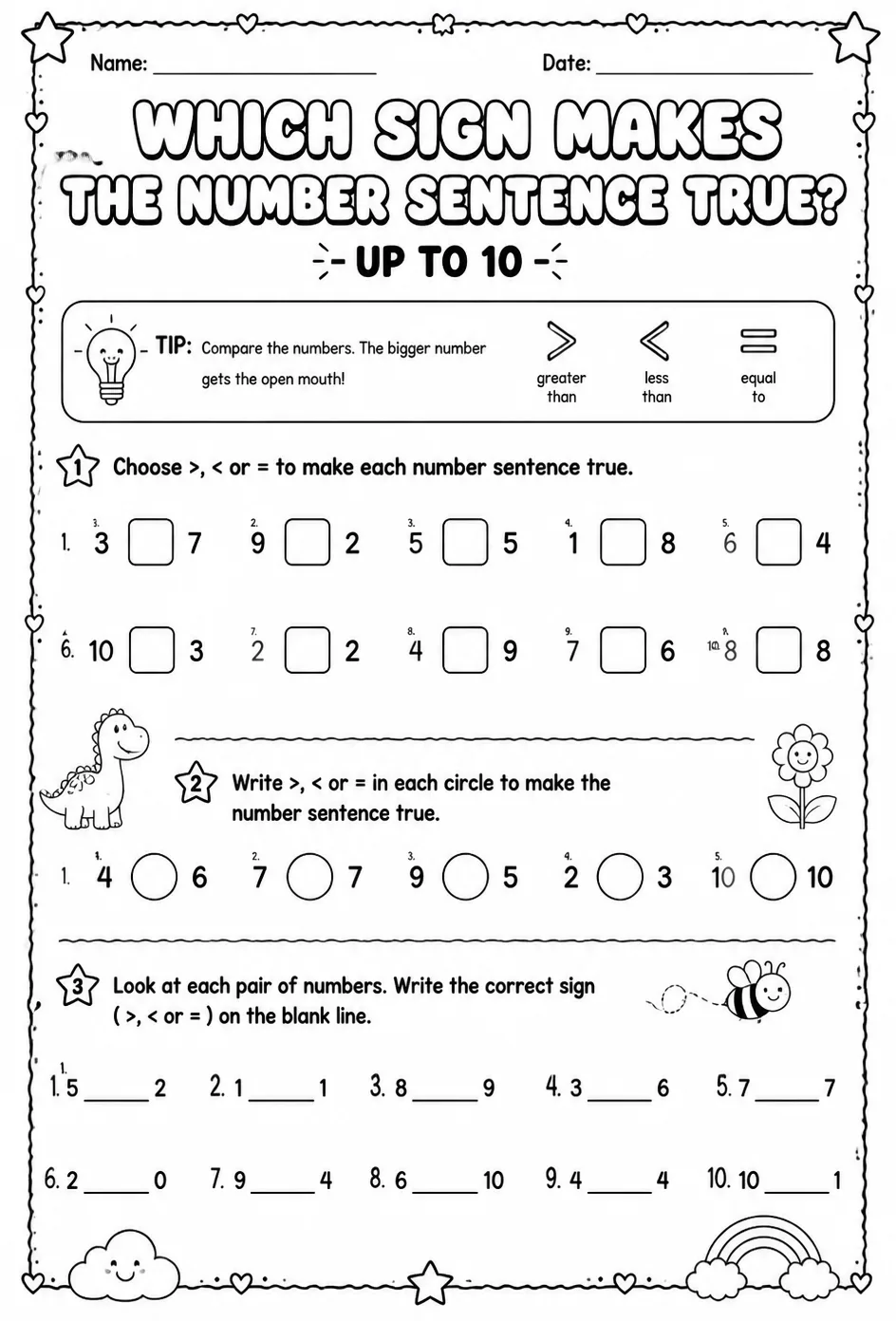 Which sign makes the number sentence true? - up to 10 — free printable Grade 1 math worksheet
