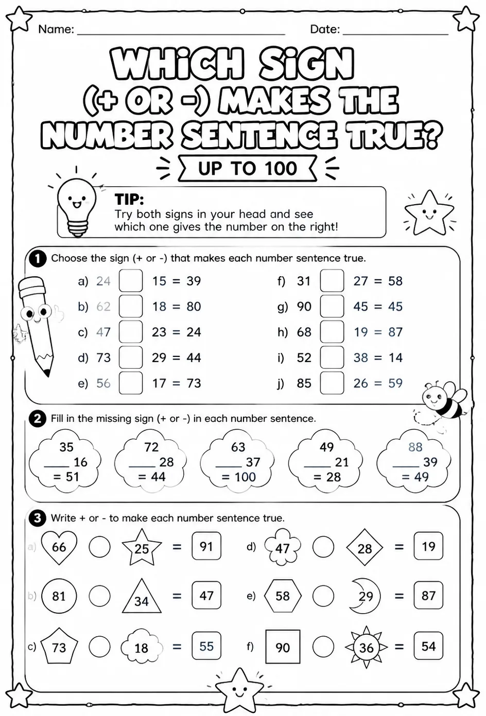 Which sign (+ or -) makes the number sentence true? - up to 100 — free printable Grade 2 math worksheet
