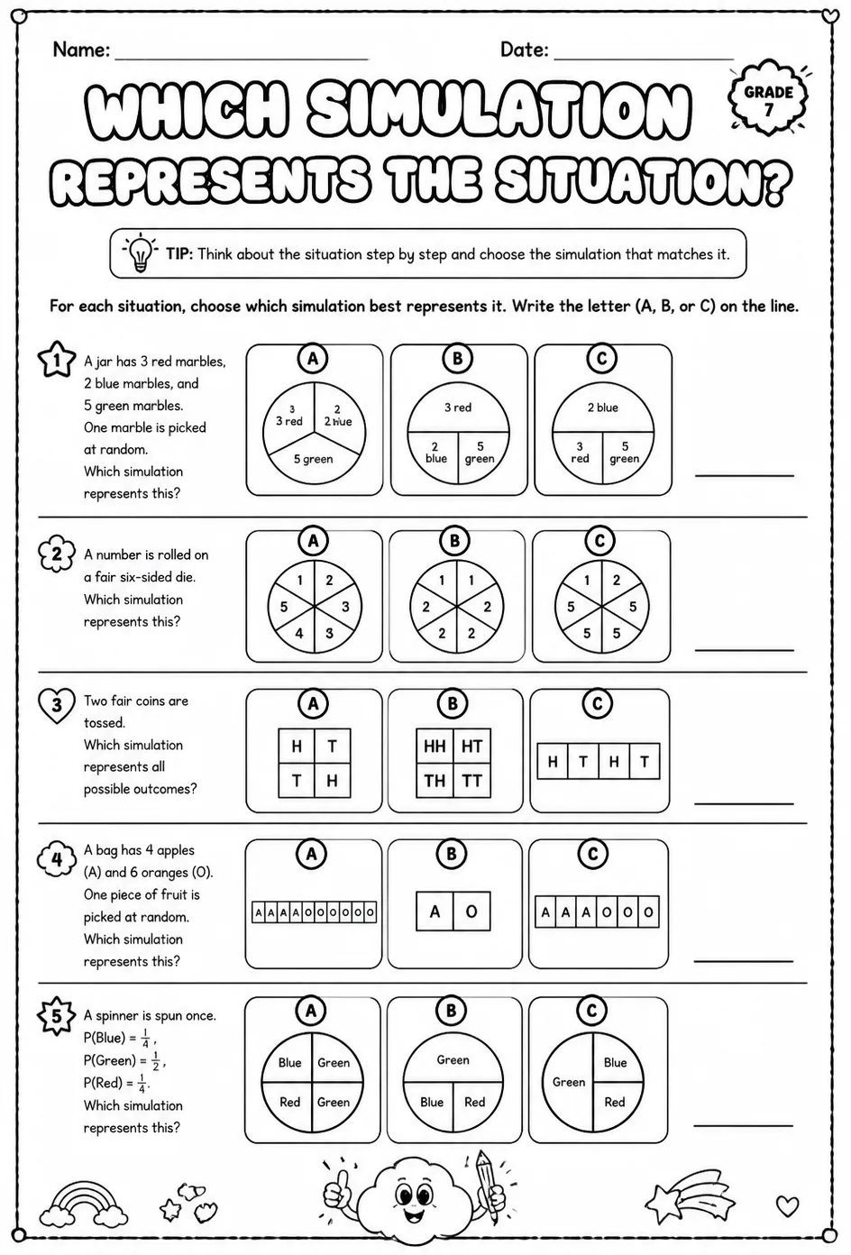 Which simulation represents the situation? — free printable Grade 7 math worksheet