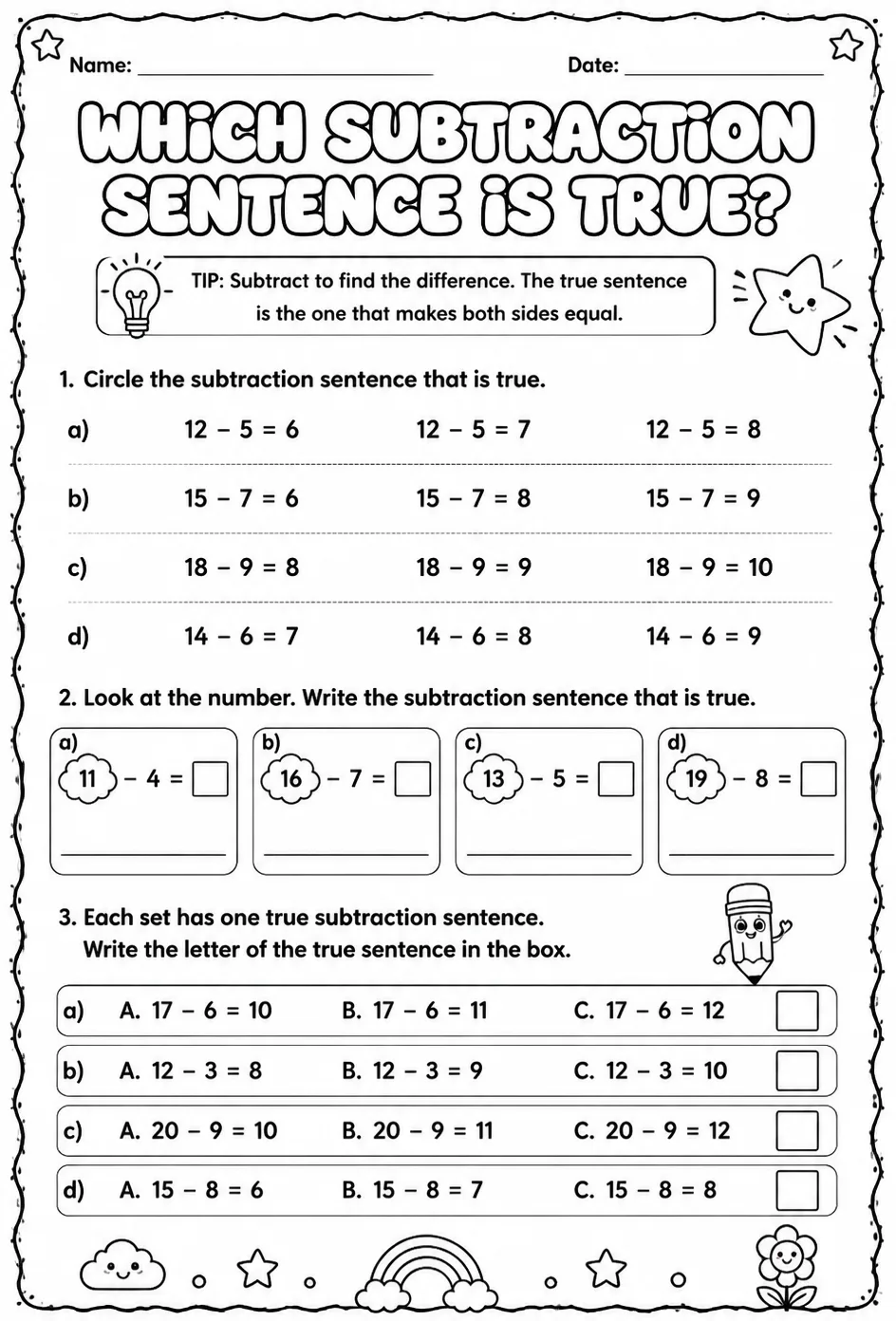 Which subtraction sentence is true? - up to 20 — free printable Grade 2 math worksheet