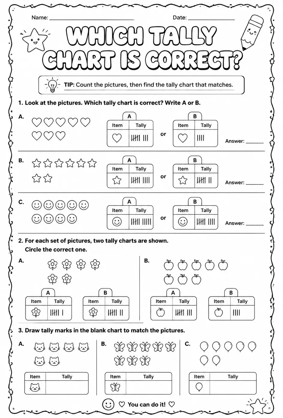 Which tally chart is correct? — free printable Grade 1 math worksheet