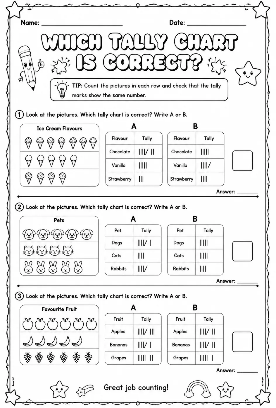 Which tally chart is correct? — free printable Grade 2 math worksheet