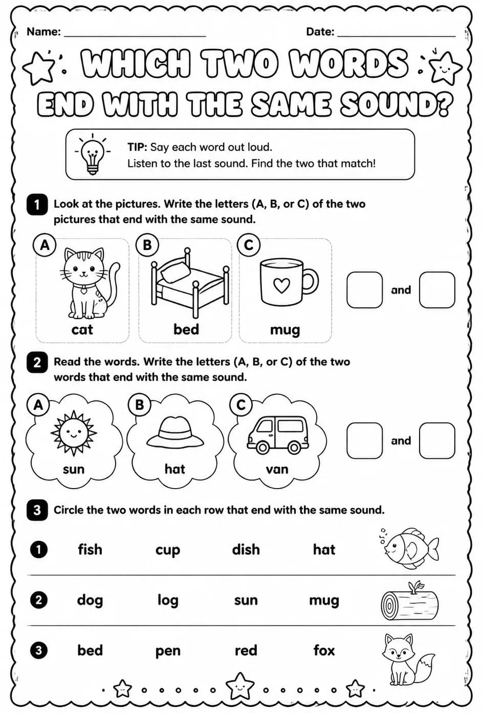 Which two words end with the same sound? — free printable Reading foundations English worksheet