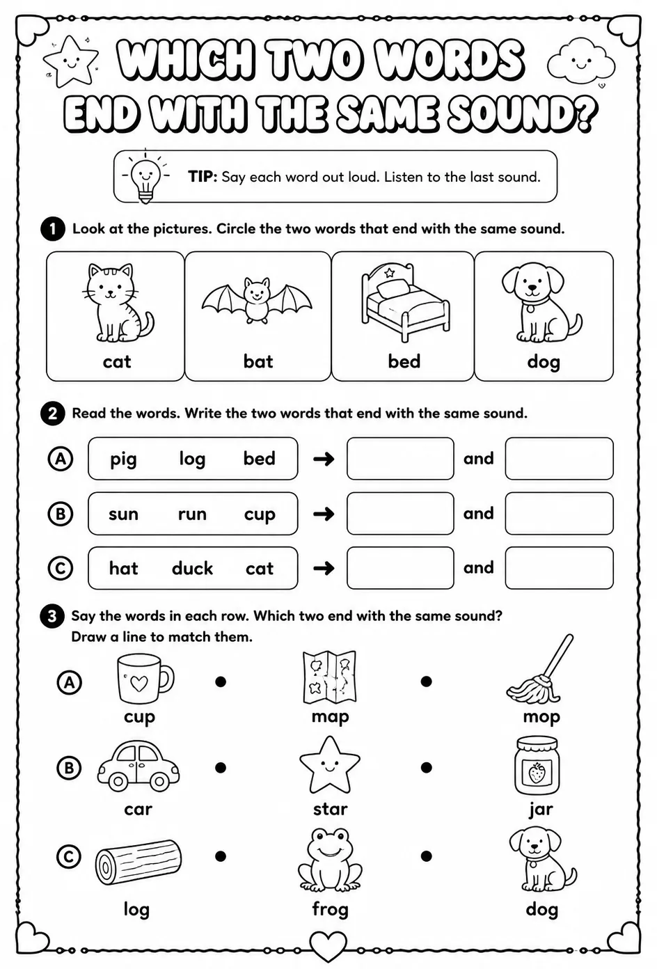 Which two words end with the same sound? — free printable Pre-K English & Reading worksheet