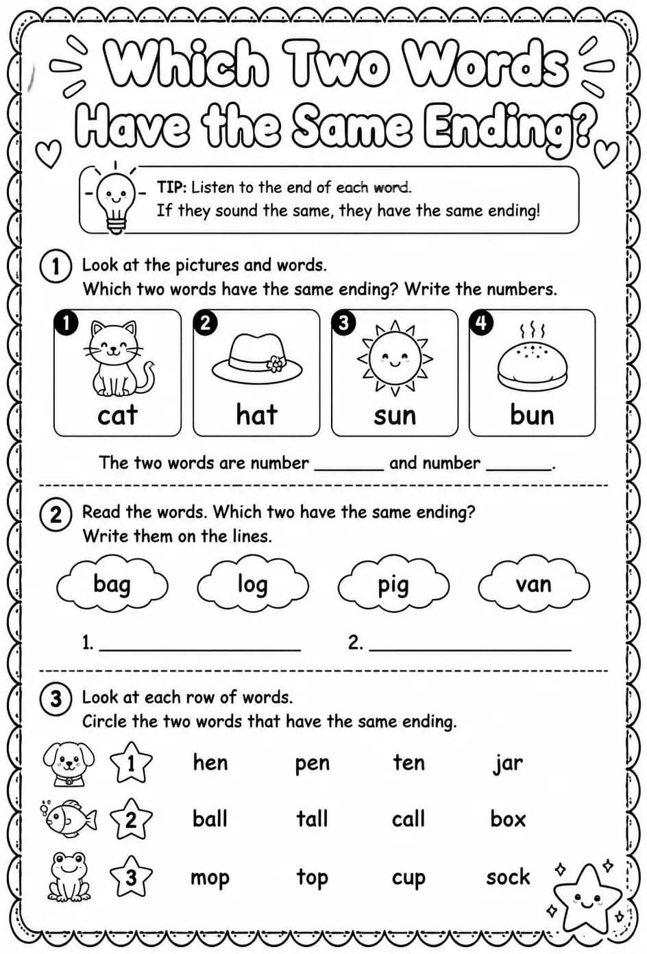 Which two words have the same ending? — free printable Reading foundations English worksheet