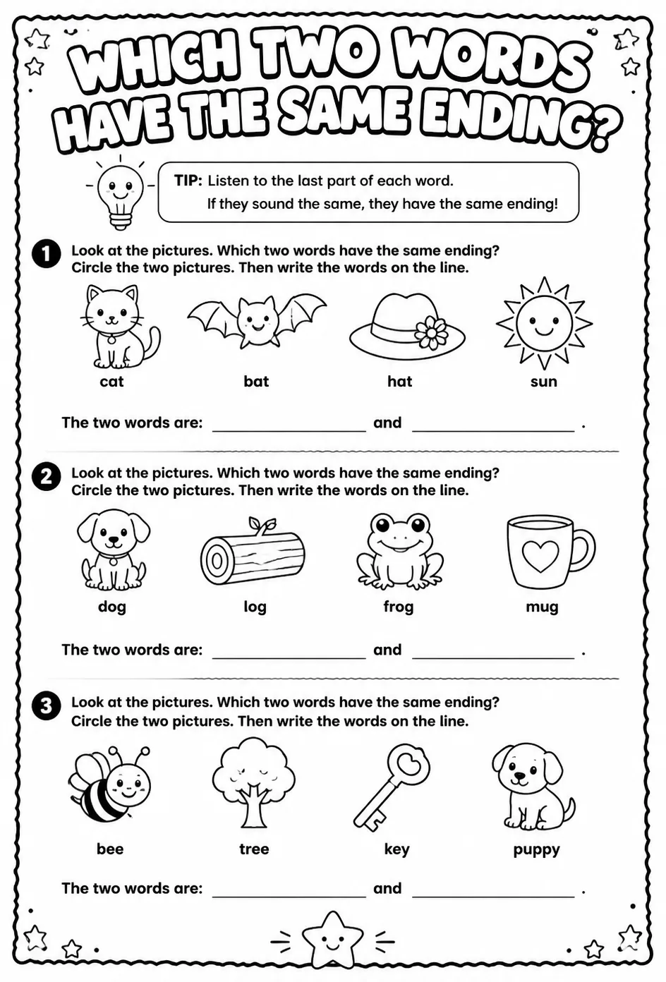 Which two words have the same ending? — free printable Pre-K English & Reading worksheet