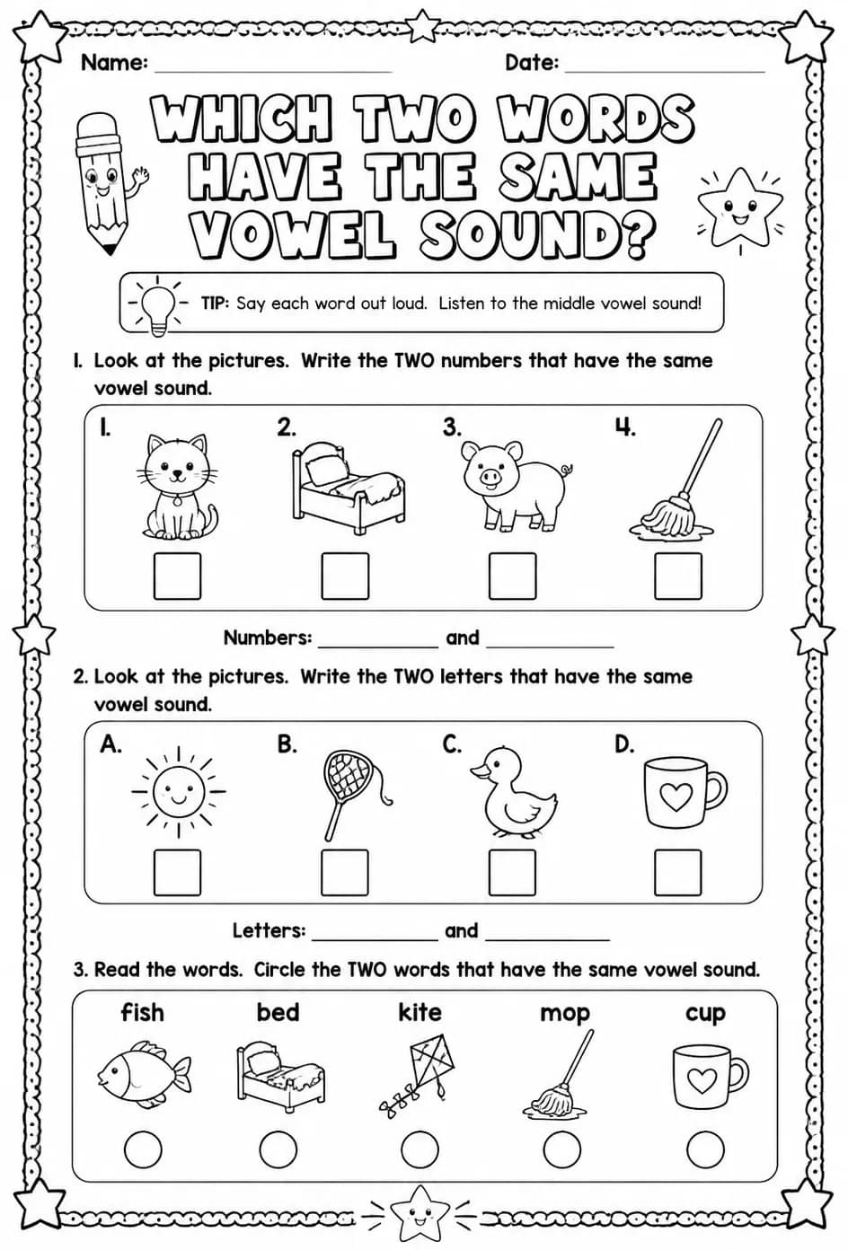 Which two words have the same vowel sound? — free printable Reading foundations English worksheet