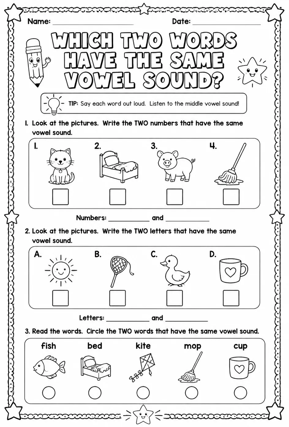 Which two words have the same vowel sound? — free printable Reading foundations English worksheet