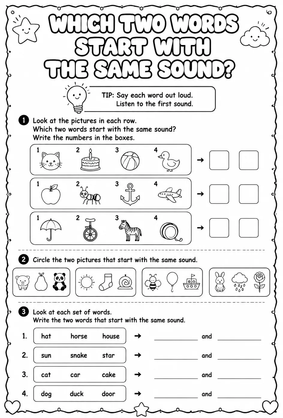 Which two words start with the same sound? — free printable Reading foundations English worksheet