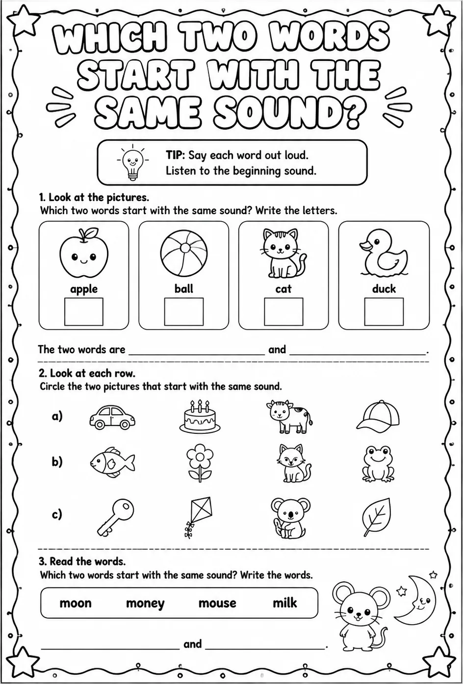 Which two words start with the same sound? — free printable Pre-K English & Reading worksheet