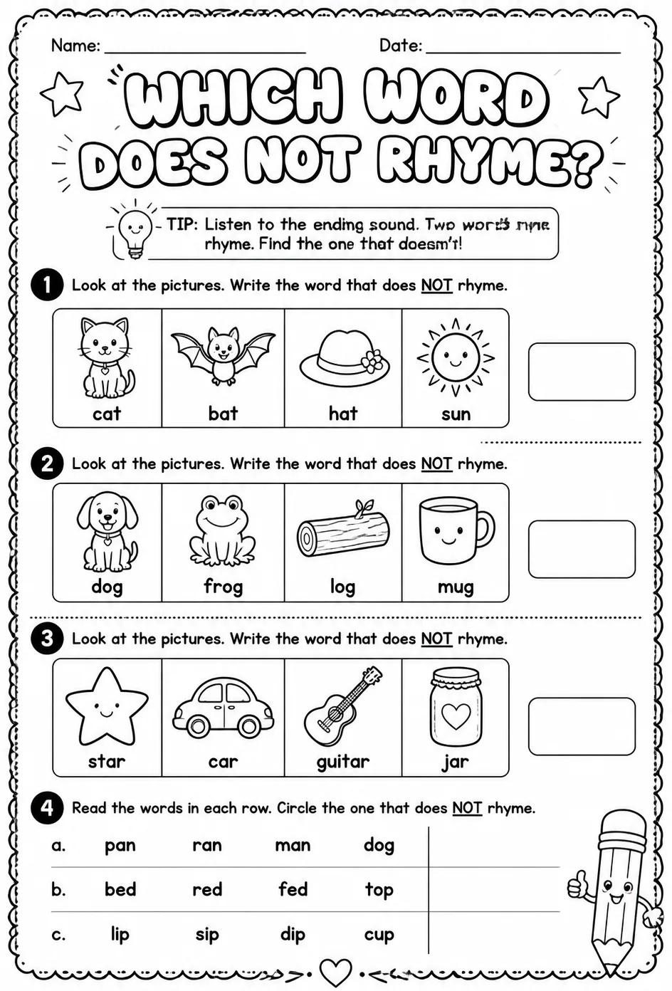Which word does not rhyme? — free printable Reading foundations English worksheet