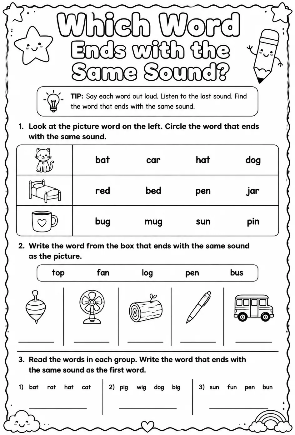 Which word ends with the same sound? — free printable Reading foundations English worksheet