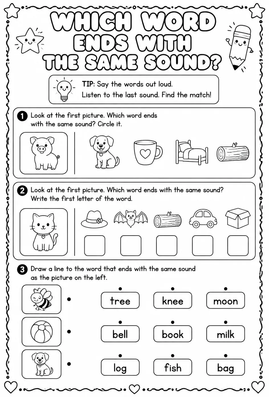 Which word ends with the same sound? — free printable Pre-K English & Reading worksheet