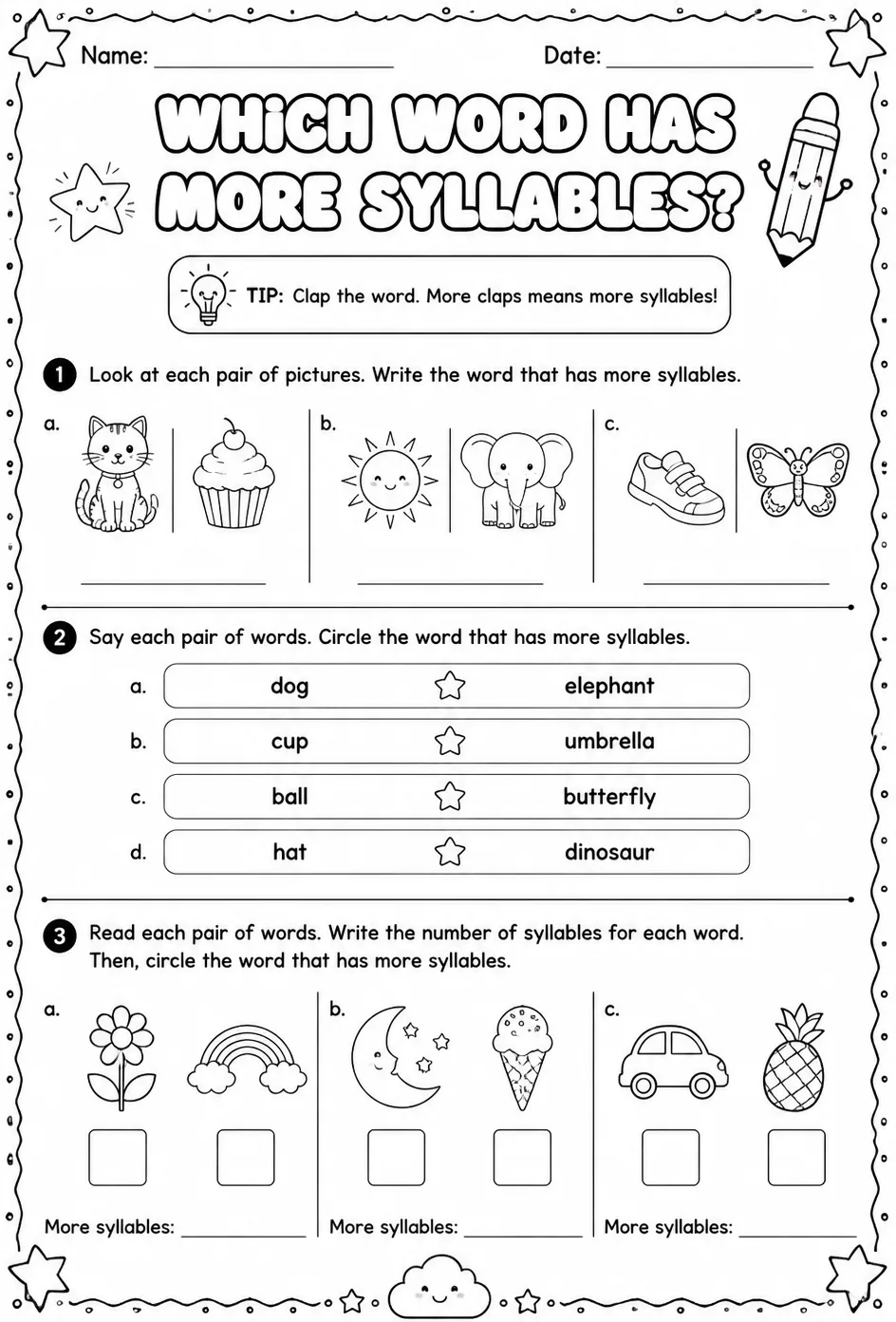 Which word has more syllables? — free printable Reading foundations English worksheet