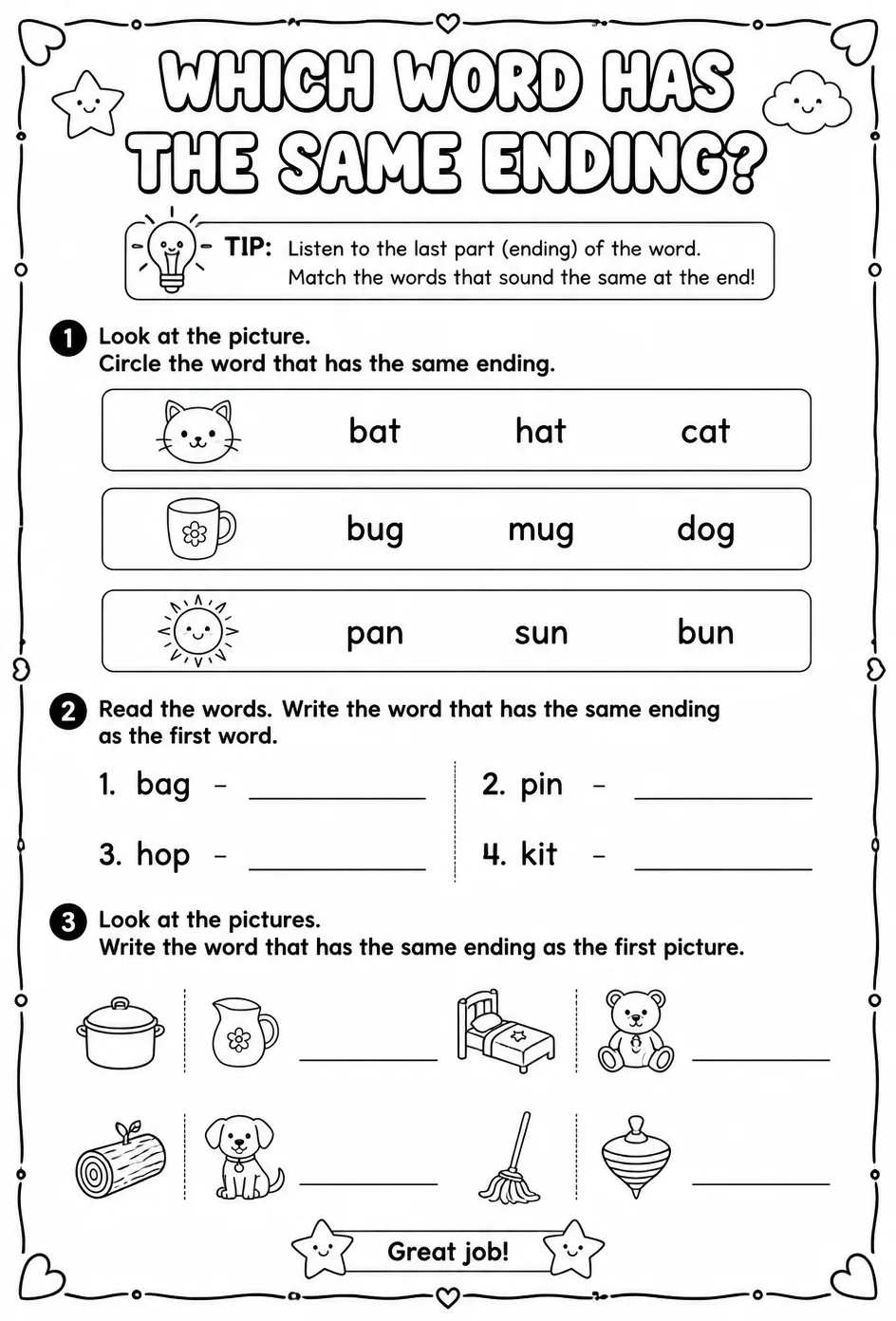 Which word has the same ending? — free printable Reading foundations English worksheet