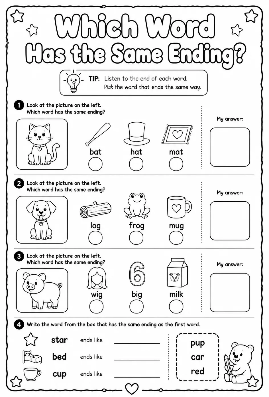 Which word has the same ending? — free printable Pre-K English & Reading worksheet