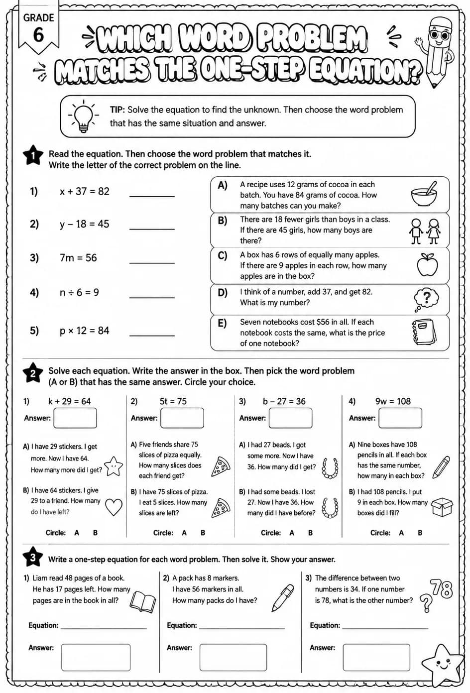 Which word problem matches the one-step equation? — free printable Grade 6 math worksheet