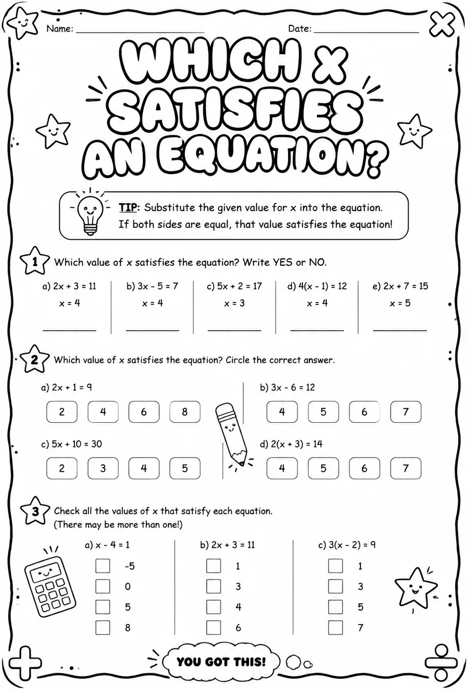 Which x satisfies an equation? — free printable Algebra 1 math worksheet