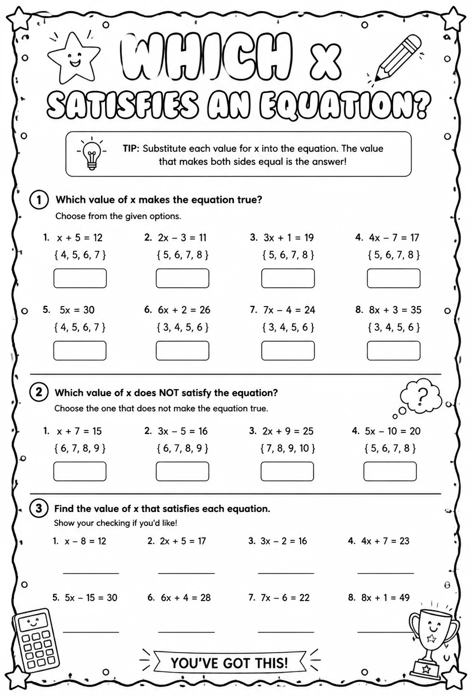 Which x satisfies an equation? — free printable Grade 6 math worksheet