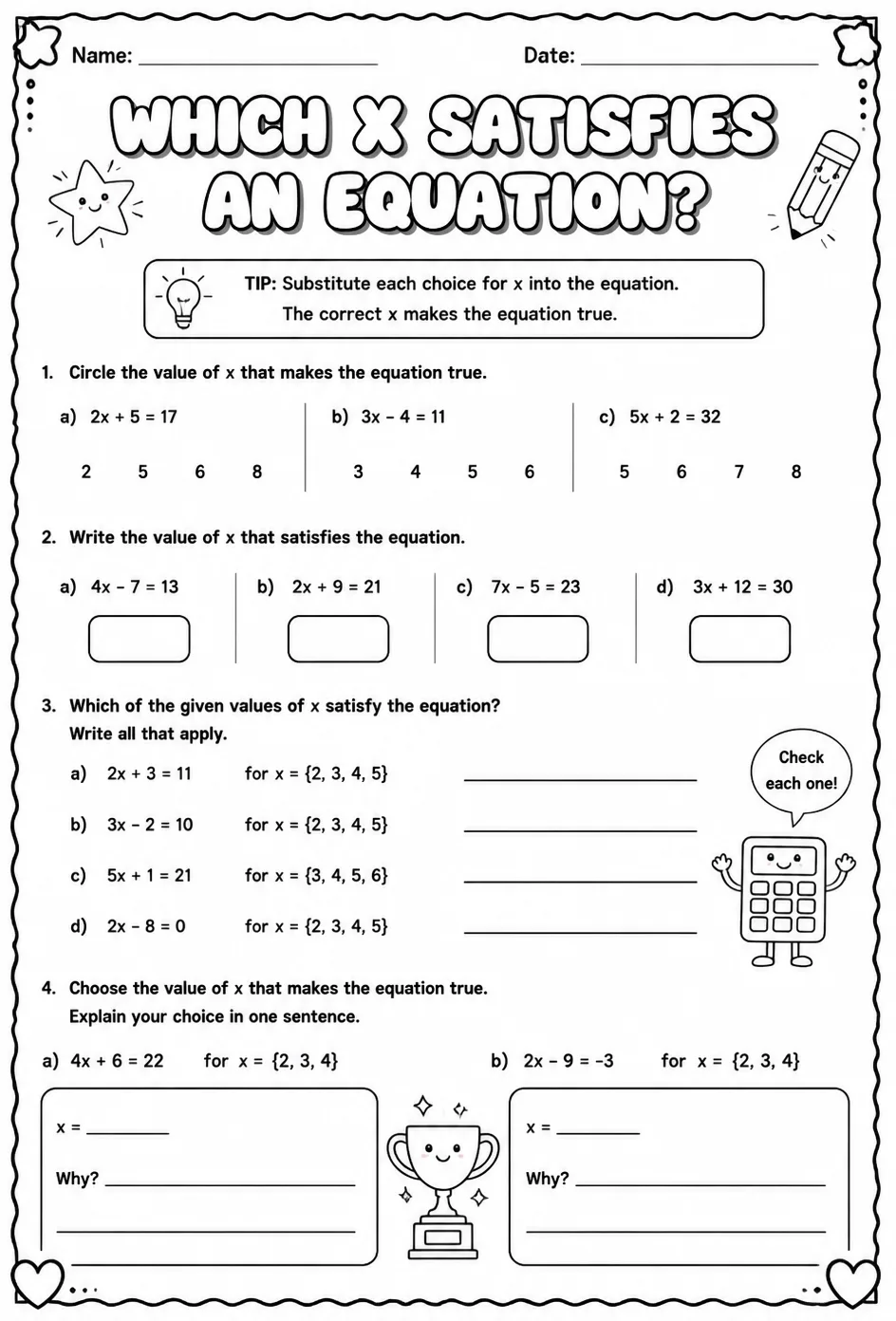 Which x satisfies an equation? — free printable Grade 7 math worksheet