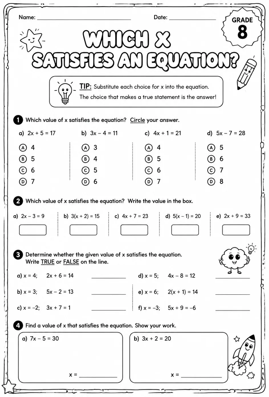 Which x satisfies an equation? — free printable Grade 8 math worksheet