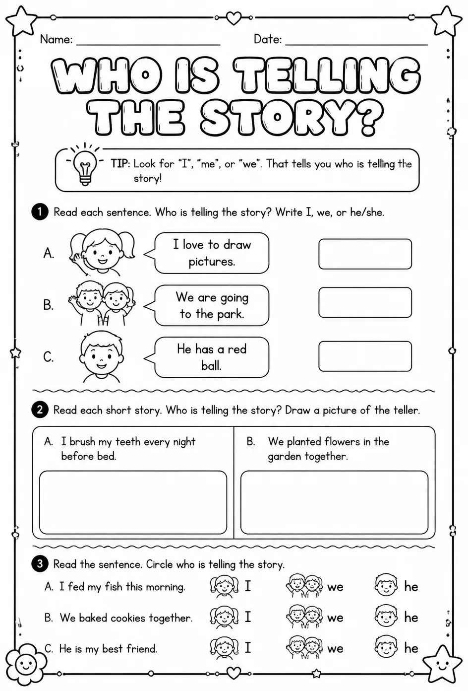 Who is telling the story? — free printable Kindergarten English & Reading worksheet